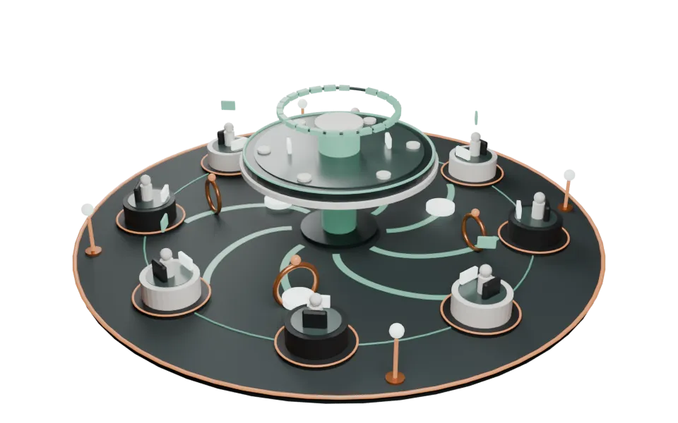 A dealership command floor seen from above: a raised round command hub with a target ring of green segments over it, eight rep pods in a circle around it, glowing lead tokens travelling along curved green routes from the hub to the pods, and copper approval rings that pulse as a lead passes through