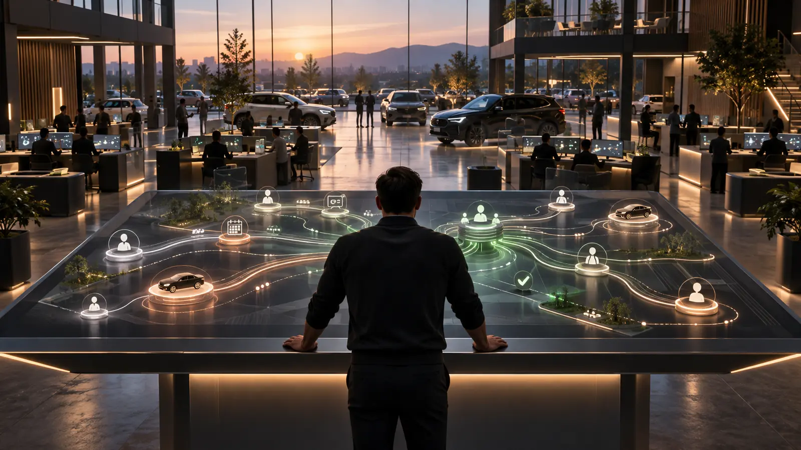 Illustration: a manager stands at a glowing table showing the sales floor from above, with routes running between rep seats, while salespeople work at desks in a showroom at dusk.